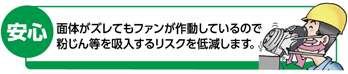 面体がズレてもファンが作動してえいるので粉じん等を吸入するリスクを低減します。